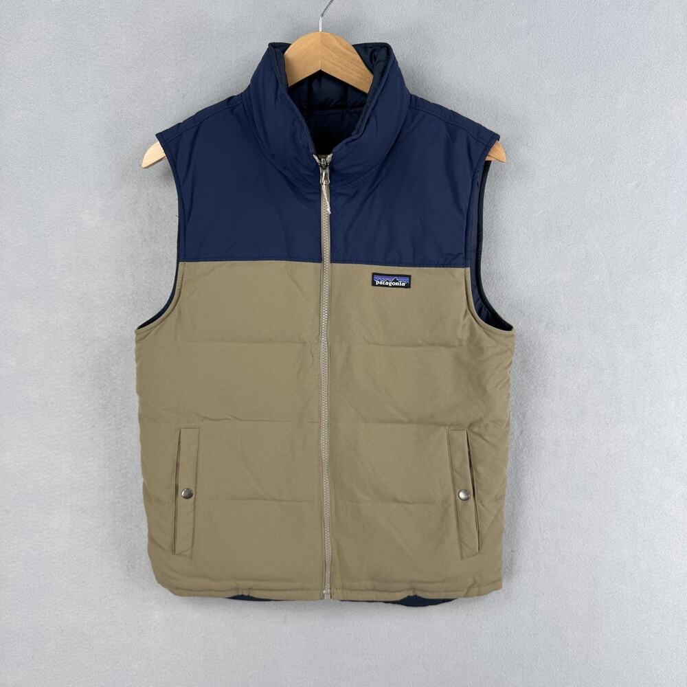 Patagonia Vest Mens Small Blue Tan Reversible Down Puffer Full Zip Outdoors